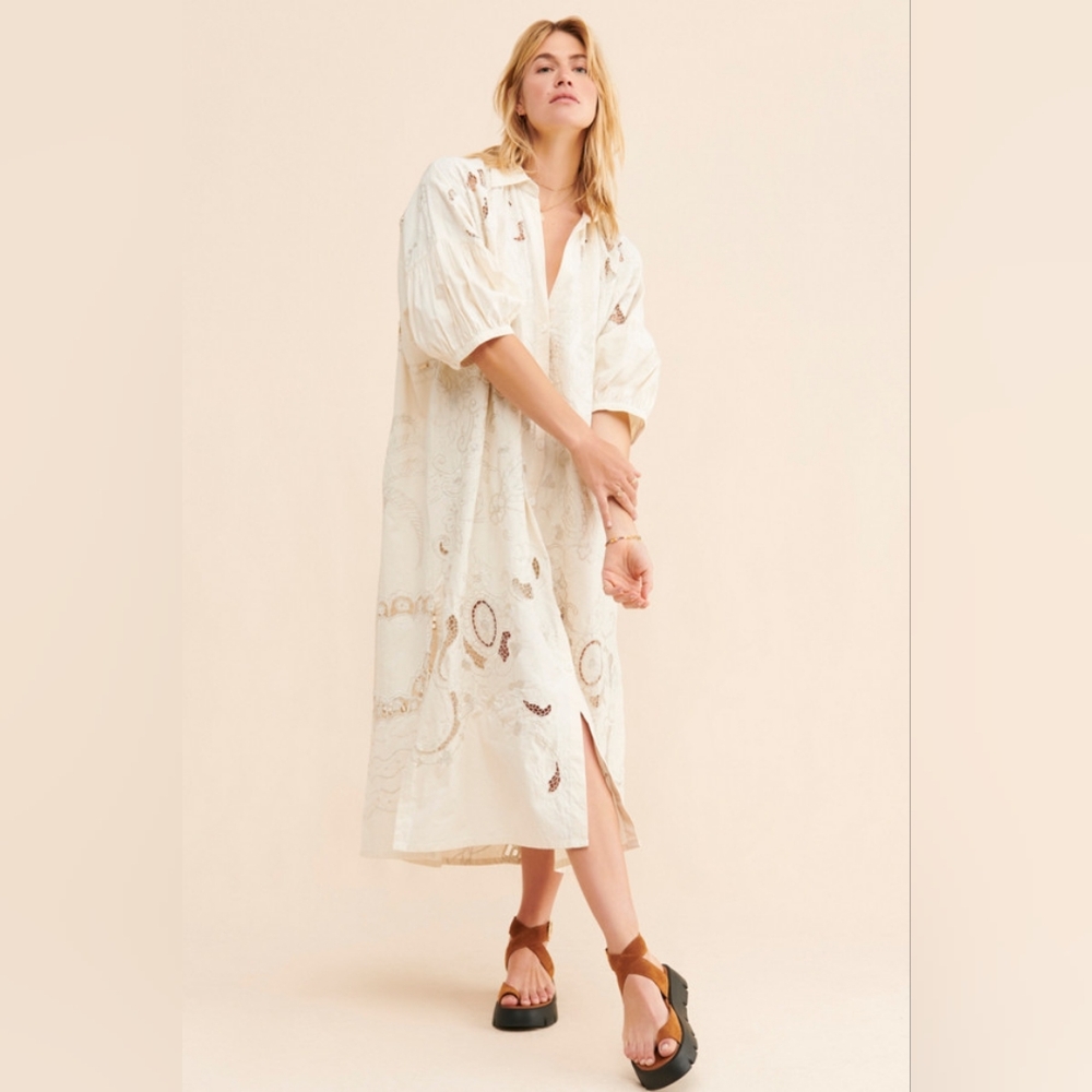 Free People Embroidery Oversized Button Front Kaftan Lace Dress NWOT